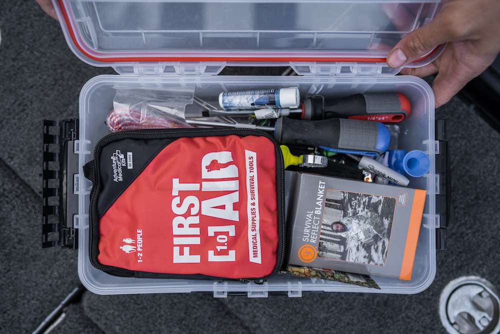 The 75-piece Boater Kit includes Angler Aid spray, first aid kit, tools, survival blanket, medical supplies, fuses, boat whistle, flashlight, braided line (for hook removal) and more. âThere is a new version coming out that will be even more organized and efficient.â  