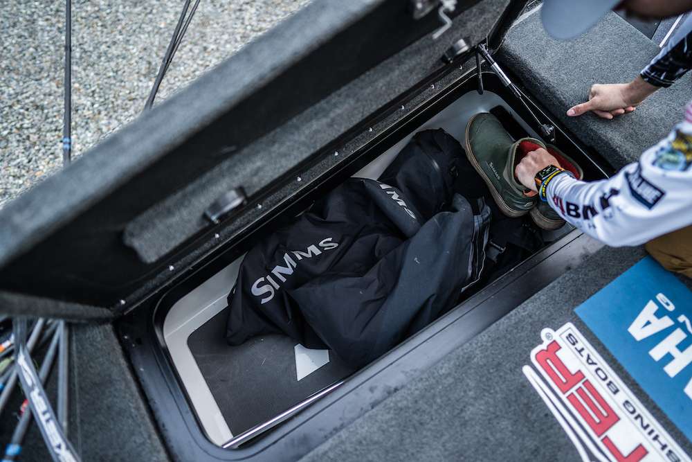 Also in the box is a Simms ProDry Fishing Bib and ProDry Fishing Jacket. âI always keep a rainsuit in the boat, no matter the forecast. The weather can change, and it pays to be prepared.â  