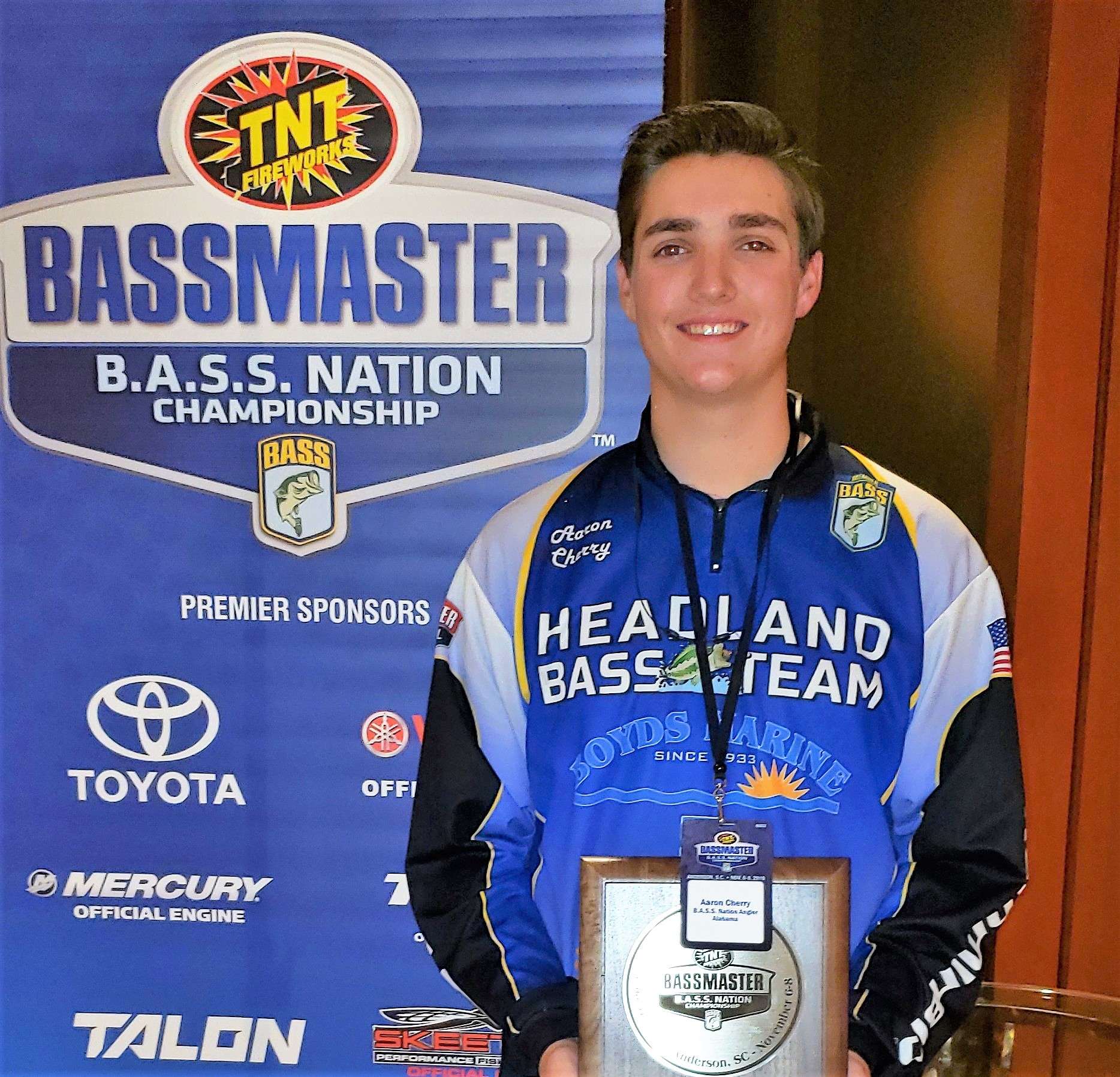 <b>Aaron Cherry, Kinsey, Ala.</b><br> Cherry, a senior at Headland High School, has secured five wins this tournament season, including Bassmaster High School Classic Champion, as well as three Top 5 finishes and six Top 20 finishes in high school events. Cherry has earned the angler of the year title in the East Alabama High School Bass Trail twice and has ranked in the Top 5 in the Alabama B.A.S.S. Nation Angler of the Year standings three times in the last four years. Cherry also fishes in adult tournaments and ranked in the Top 20 in the B.A.S.S. Nation Championship this tournament season, as well as winning the Alabama B.A.S.S. Nation State Championship in 2018 as a co-angler.   <p> Cherry dedicates much of his time to teaching others about fishing and introducing them to the sport. He has helped raise over $50,000 for the Headland Bass Team over the duration of his six years as a member and has volunteered 200 hours with Wired Ministries.    <p> âAaron is not only a great fisherman, as the results show, he is a great man,â said Chris Grandstaff, head coach of the Headland Bass Team. âAaron has always looked out for everyone. When he joined the Headland Bass Team, he soaked up all the knowledge he could from everyone about bass fishing. Aaron did this not only to help him become a better fisherman, but to also show and pass the knowledge he has obtained to others.  He has taken so many people fishing and helped them learn and love the sport of bass fishing as much as he does.â 