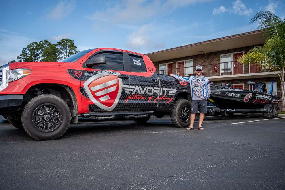 A shot of the full setup captures the Caymas bass boat paired with a wrapped Toyota Tundra. The 5.7-liter Toyota V8 holds the power and capabilities to pull the boat and equipment to each tournament location without a problem. 
