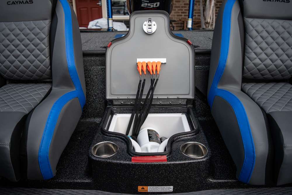 Another waterproof day box is located in between the driver and passenger seats. This box also doubles as a cooler, but Hamilton uses it to store more coiling essentials and personal belongings, such as his phone and truck keys.