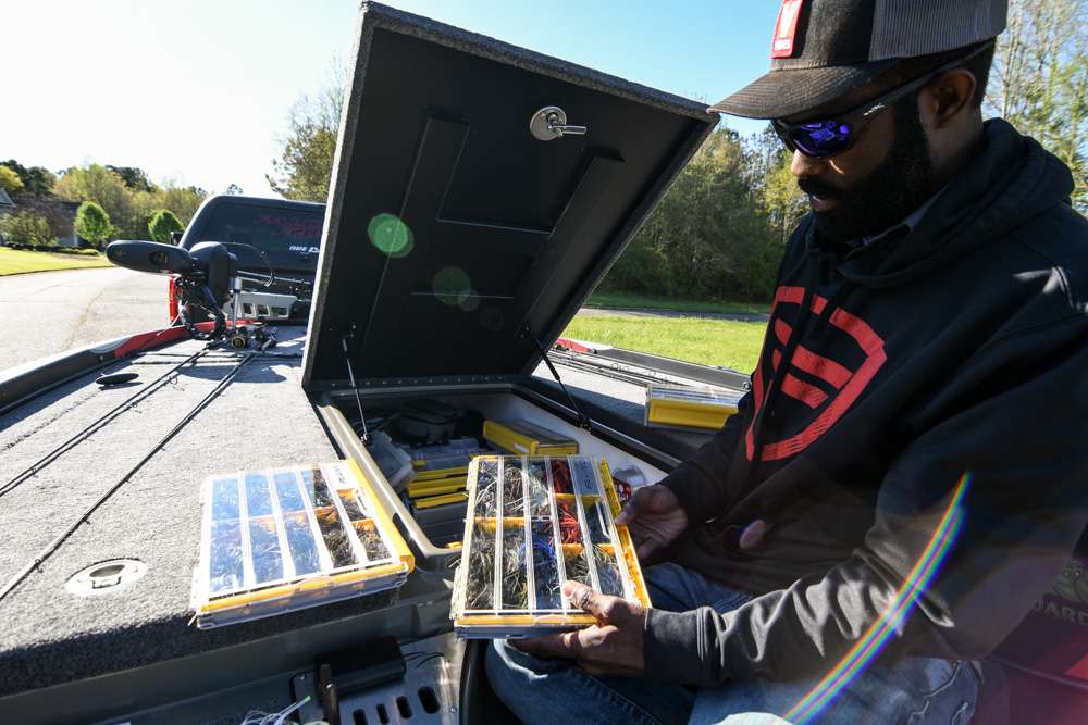 Latimer keeps all of his tackle and lures organized in the center locker with Plano boxes.