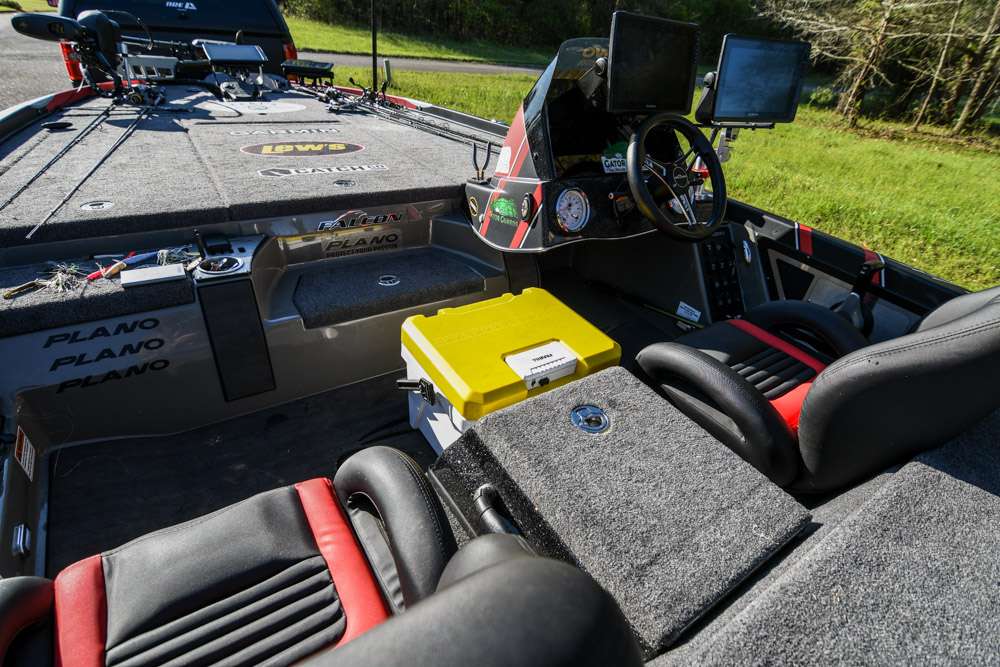 The first-person view inside this fully loaded rig. This Falcon is considered the widest beam in bass boats, measuring in around 99 inches. This extra space is certainly noticeable when inside the boat.