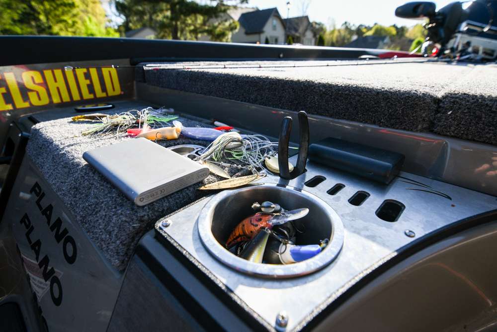 The tool tray on the passenger side is the go-to spot to set lures after they are cut off and changed out.