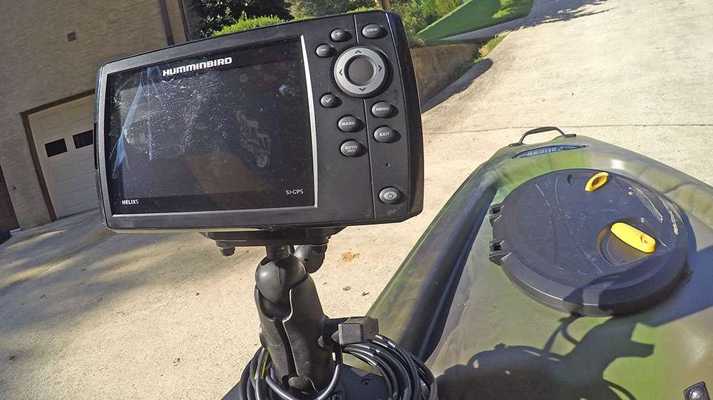On top of the CellBlock you'll find a Humminbird Helix 5 that is held in position with a Ram mount. 