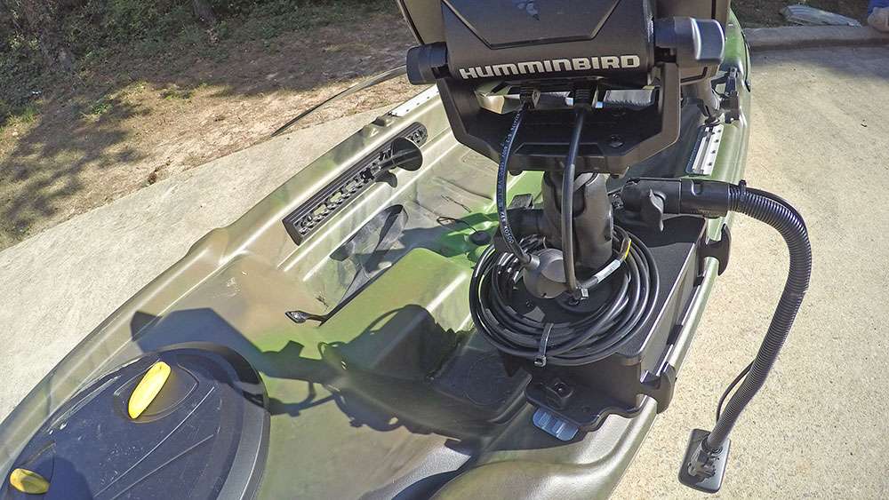 While the system may seem bulky at first, it takes a bunch of stuff, including the battery and cables and gives the boat a tidy look. It's very convenient and a must-have for a Pelican kayaker. 