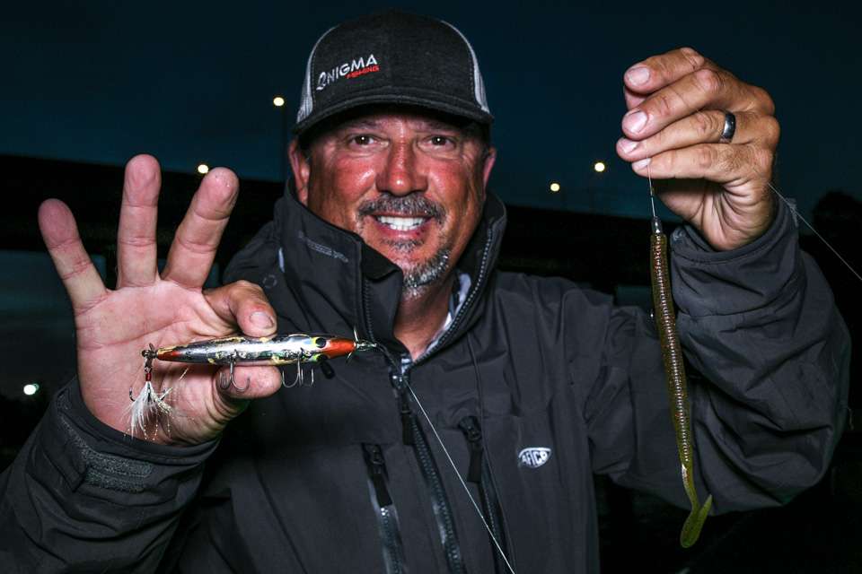 <b>Jesse Tacoronte (41-4; 9th)</b><BR>
Jesse Tacoronte began with a worm and swimbait, and then on Championship Sunday he switched to a jig and topwater. That choice was a Smithwick Devils Horse chosen to imitate juvenile needle fish fed upon by the bass. Another choice was a Zoom Magnum Ultravibe Speed Worm with 5/0 OâShaughnessy Hook and 1/4-ounce tungsten weight.