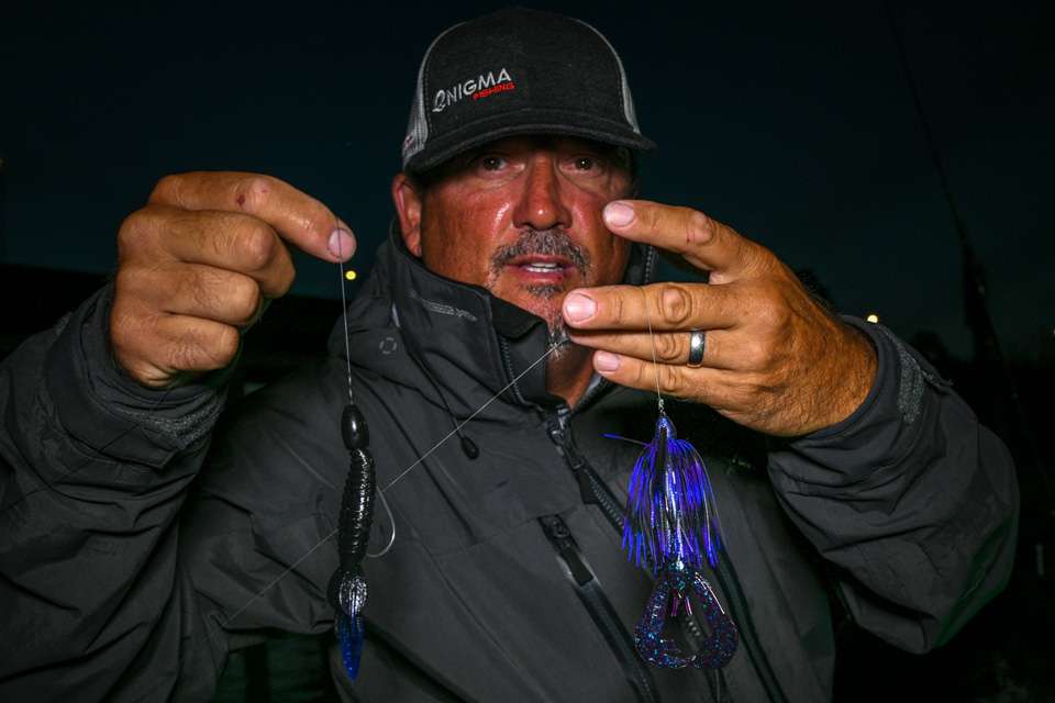 A Tightlines UV Beaver with 3/0 Owner Hook and 1-ounce tungsten weight was another top choice. He also used 1/4- or 3/8-ounce BnB Swim Jigs with Strike King Rage Craw trailer. 