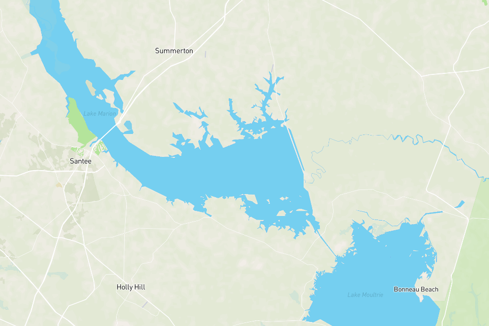 <h4>23. Santee Cooper Lakes (Marion/Moultrie), South Carolina</h4> [110,000 and 60,000 acres respectively] These sister lakes could be considered elderly, as they were created in 1941. But, donât let their age fool you. The production of these fisheries rival any new lake on this list. Just last year, Santee Cooper ranked 9th in the nation on the heels of multiple limits over 30 pounds hitting the scales. Plus, 20-pound limits were not turning heads. 