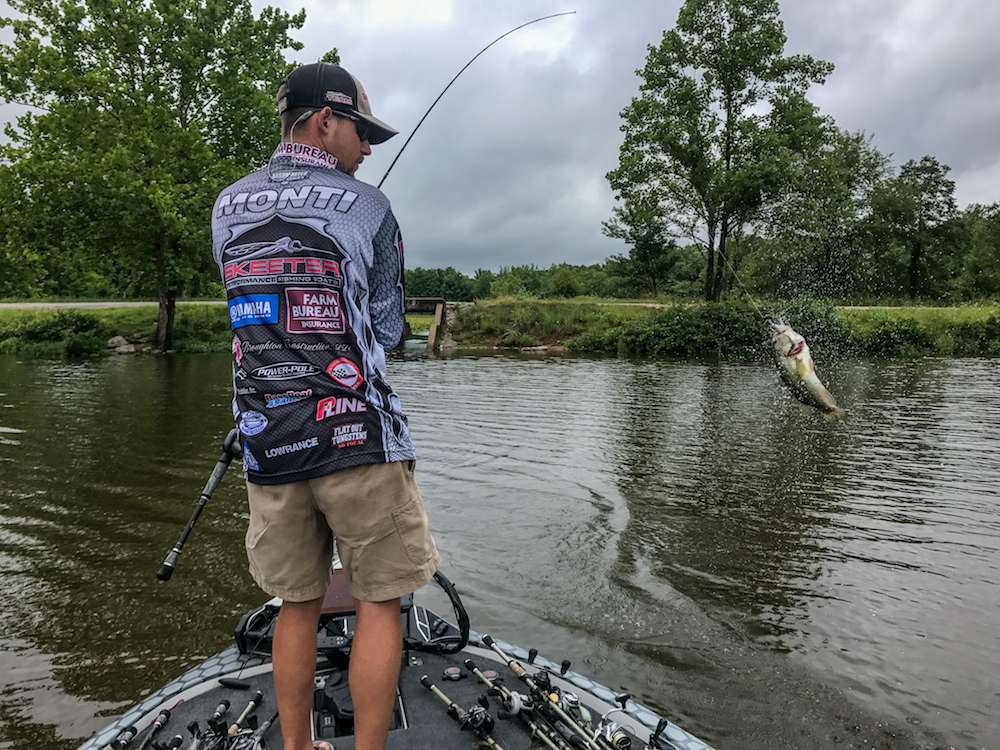 <b>10:04 a.m.</b> No luck on the rockpile, so Monti races to Lake Qâs extreme upper end, where he finds murky runoff entering the lake. He casts the Â­10-inch worm to rocks extending out from shore and bags his first keeper of the day, a Â­2-pound, Â­4-ounce largemouth.
