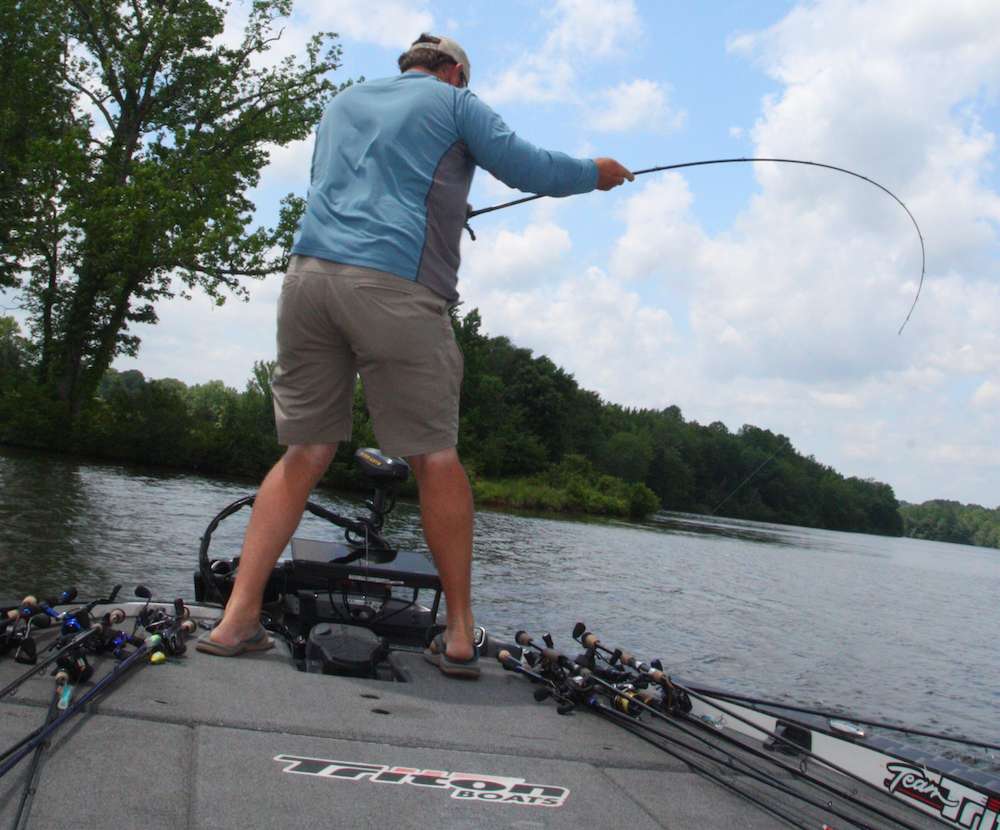 <b>11:55 a.m.</b> Sullivan casts the swim jig to the point and bags his third keeper, 4 pounds, 1 ounce. âI barely felt that fish hit, too. Totally unaggressive bites! Iâm practically having to feed it to âem.â <br>
<b>12:06 p.m.</b> Another tap on the JigX. âThat one knocked slack in my line. Maybe theyâre waking up.â <br>
<b>12:11 p.m.</b> Sullivan bags a nonkeeper on the swim jig.
