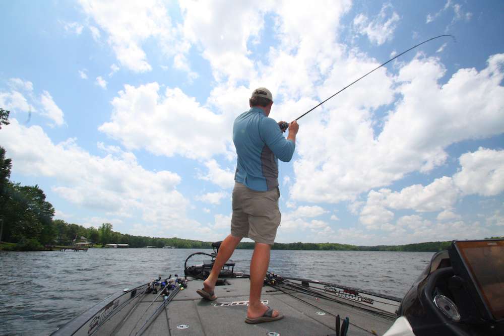 <b>12:25 p.m.</b> Sullivan spots some sunken tires on his graph, chunks the swim jig and gets a light tap. After a long hesitation he sets the hook and catches his fifth keeper, 1 pound, 10 ounces. 
