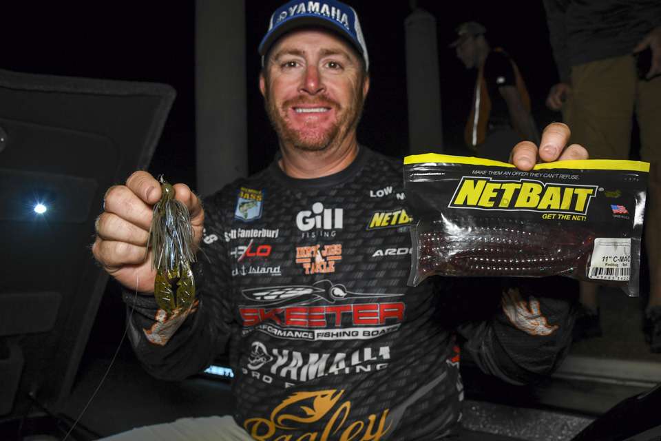 Canterbury rotated through these lures for his deep- and shallow-water patterns. An 11-inch NetBait C-Mac Worm, rigged on 5/0 hook and 5-16- or 3/8-ounce weights was a top choice. So were 1/2- or 5/8-ounce jig made by Dirty Jigs. He added a NetBait Paca Craw for a trailer. 
