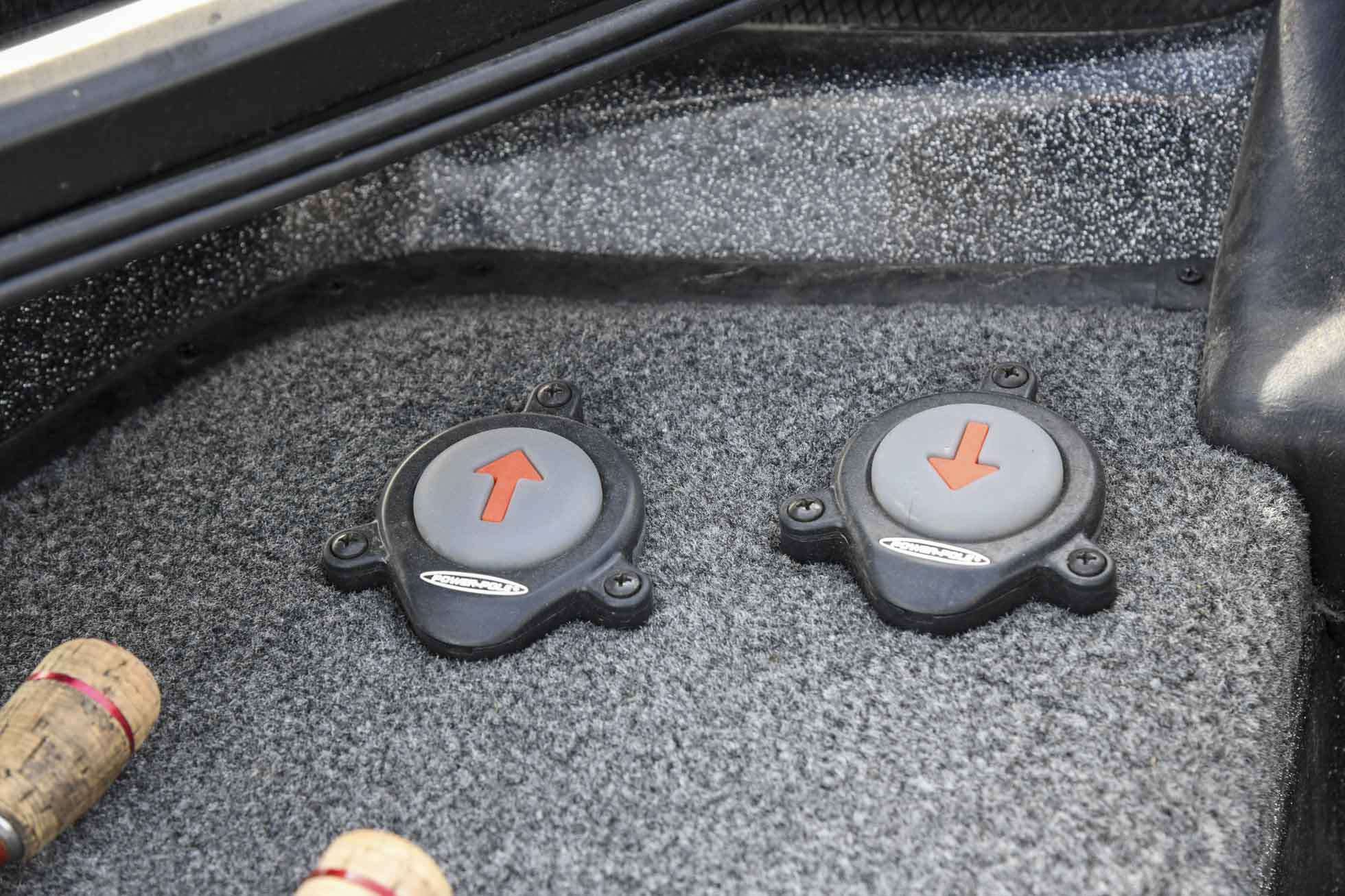 Power-Pole foot controls are placed to the left of the trolling motor foot pedal so they are out of the way while remaining accessible.