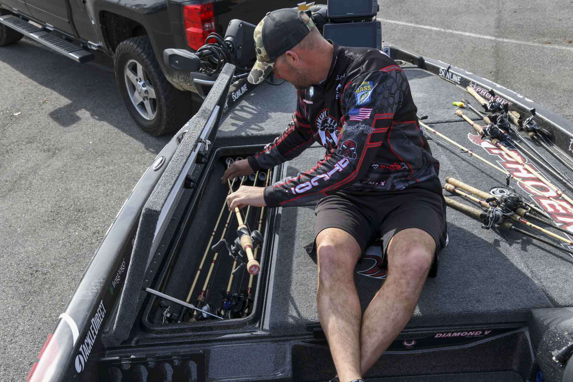 The port locker is filled with rods. The locker holds about 20 rods, so Mullins is never caught short. While he generally keeps the rods he expects to use on the deck during a competition day, he keeps extra rods stored in the locker.