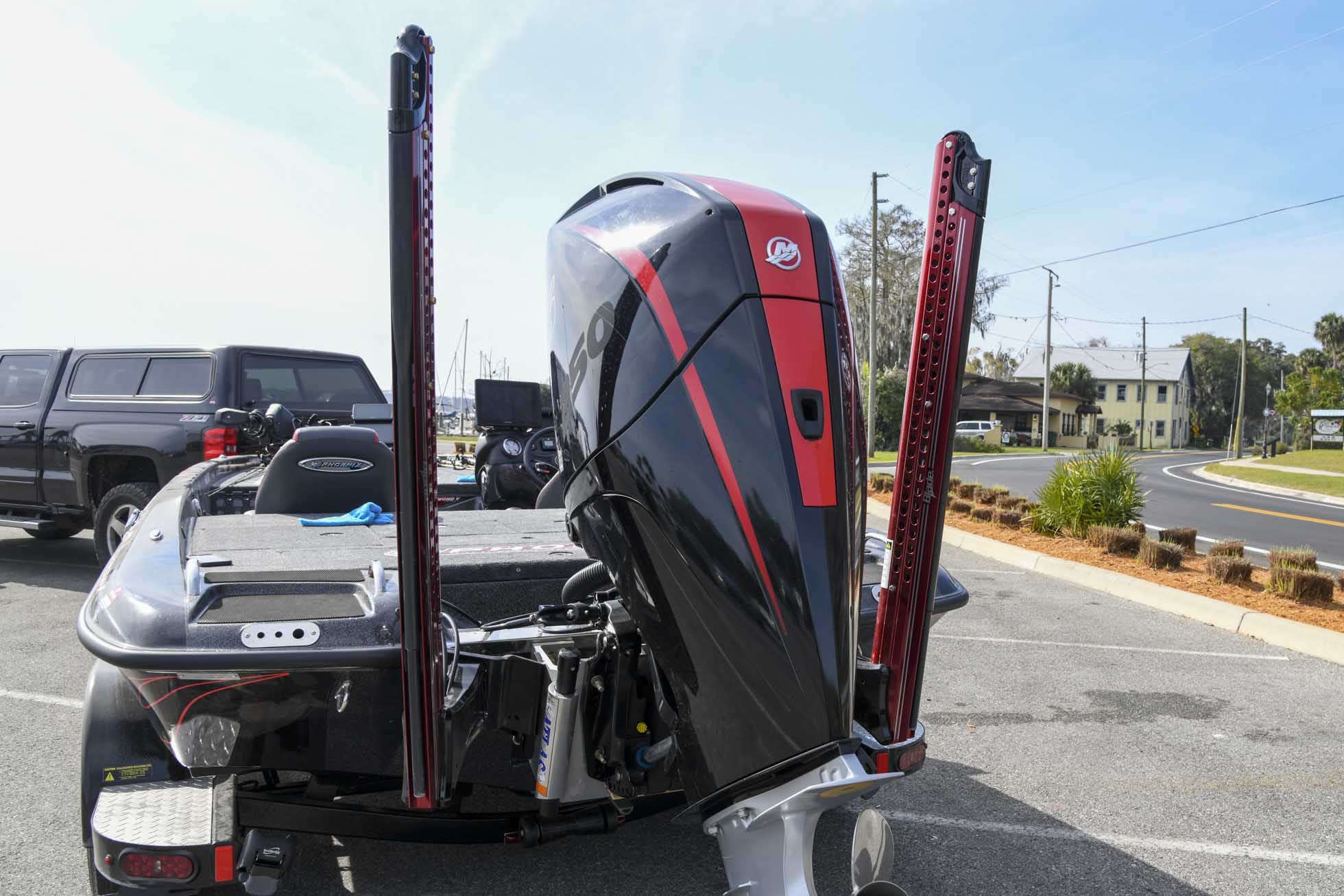 The outboard is flanked by a pair of Power-Poles that allow Mullins to hold his boat securely in place when sight fishing or really picking an area over.