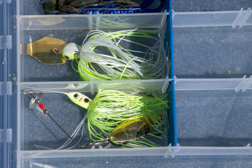 The spinnerbait is placed in the tacklebox.