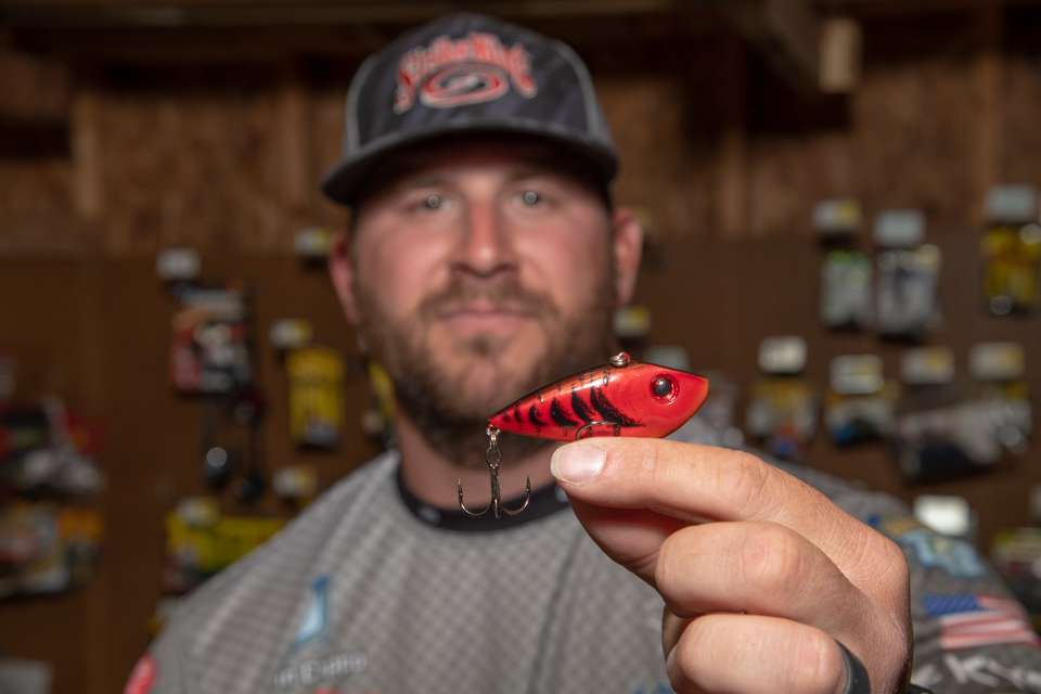 A lipless crankbait is versatile and effective, so Cappo added a Strike King Red Eye Shad in delta red color to the mix. âWe fish this around grass, and try to get it in there and rip it out to get reaction bites,â Cappo explained. âYou control the depth with the rod angle and line diameter, so you can cover the entire water column.â