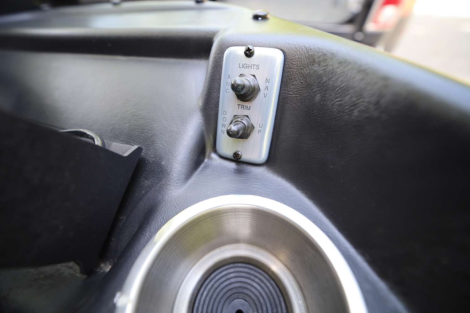 Above the cup holder is a pair of switches for motor trim and navigation lights. 