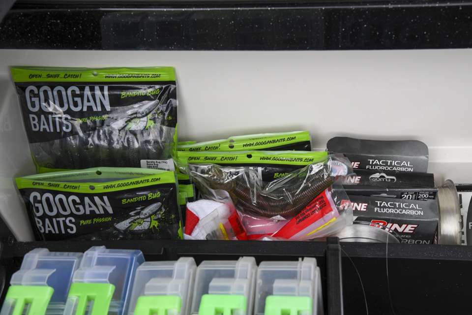 Here is the tactical side of the game time box. âThis is what I used on the Arkansas River.â There is extra P-Line and a supply of Googan Baits Bandito Bugs. Martin likes the practical functionality of this setup. âI know right where everything is when I need to quickly re-rig and quickly get back in the game. I can just grab it and go.â 