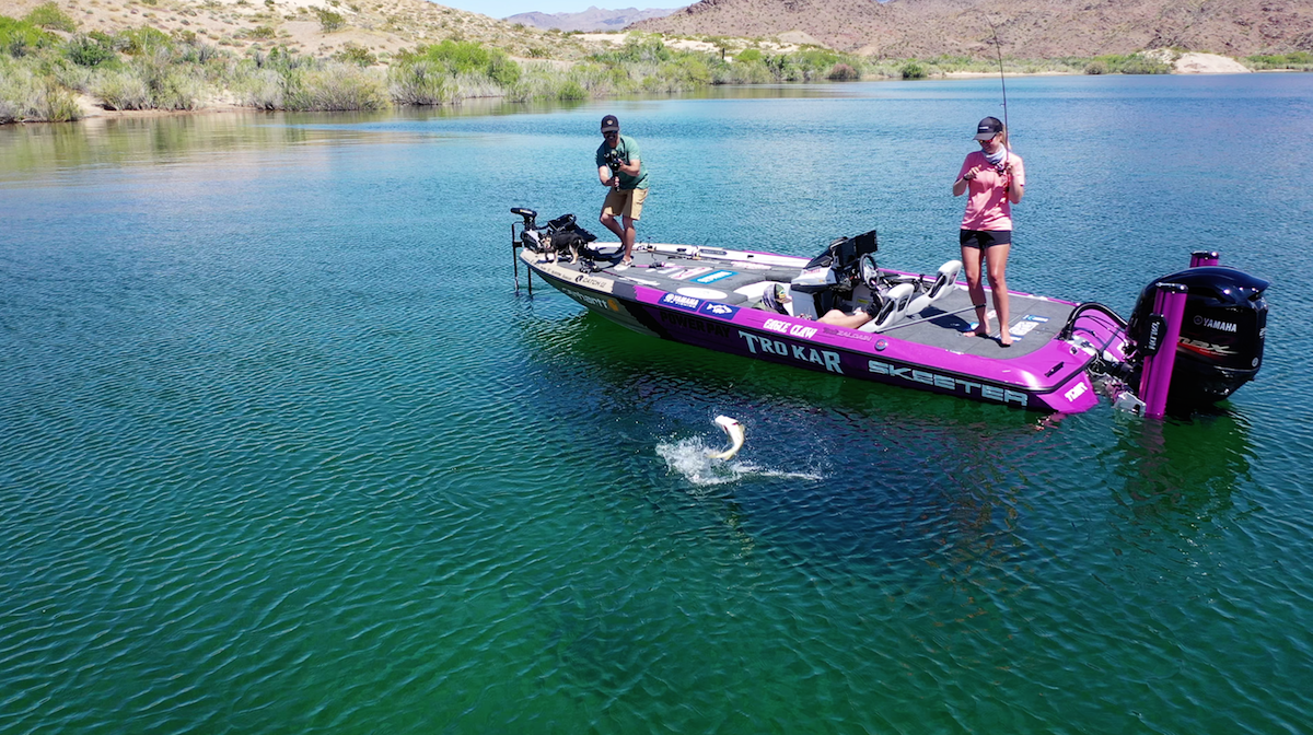 Everyone gets in on the flurry in this action-packed YouTube series. In this shot, Mack flies the drone, Chris shoots video b-roll and Trait ties into a Lake Mead largemouth. 
<p>
<a href=