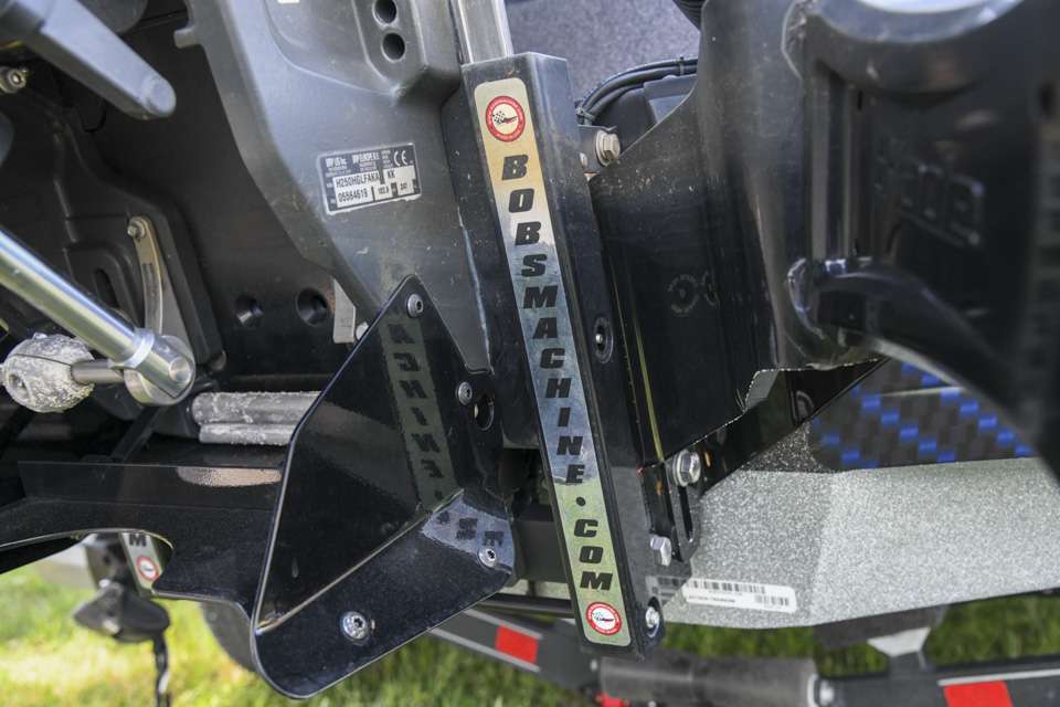 Mounted to the transom is the Bobâs Machine Shop Action Series Hydraulic Jack Plate. Featuring an internal pump that eliminates the need for a separate pump inside the boat, the part also features a powerful motor that is ideal for heavier outboards. âI have used Bobâs Machine Shop jackplates my entire career without a single issue.â  