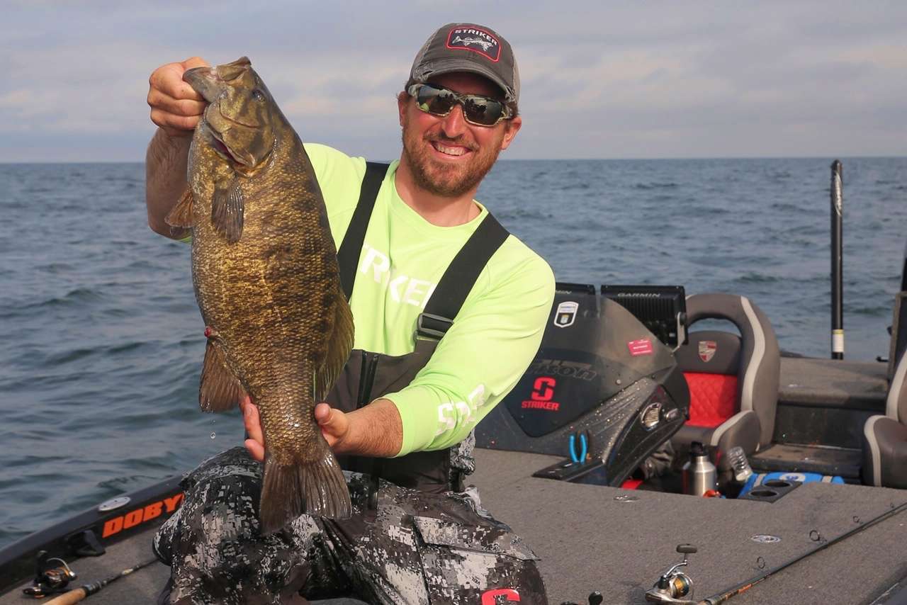 Paul Mueller led the first three days at the St. Lawrence River. On Day 1, he weighed the big bag of the event at 27 pounds, 1 ounce, bolstered by this 7-13 smallmouth. The fish was his personal best smallie and 7 ounces shy of tying the New York state record of 8-4.