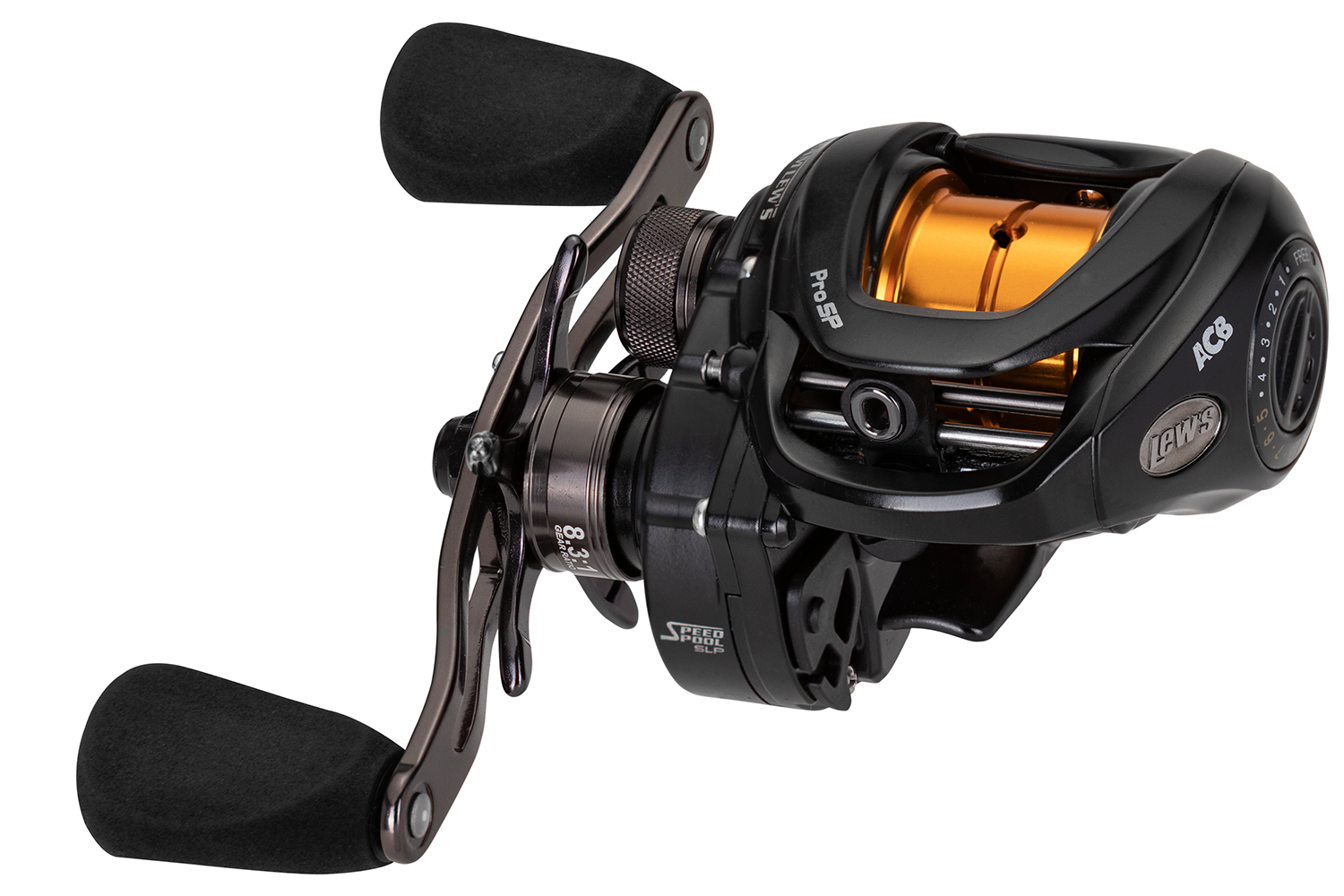 <p><b>Team Lews Pro SP</b></p>
<p>The new reel was created specifically for skipping and pitching, and features: One-piece aluminum super low-profile frame with strong, lightweight graphite sideplates, drilled and forged, anodized Duralumin 32mm shallow spool with Knot Slot. Hard anodized aluminum Speed Gears, cut on precision Hamai CNC gear hobbing machines P2 Super Pinion bearing supported pinion gear provides precise alignment and solid stability, resulting in for a smoother operation and extended gear life. Externally adjustable, 6-pin 27 position QuietCast Adjustable Centrifugal Braking system (ACB) with orange skipping zone. Premium 9-bearing system with double-shielded stainless-steel ball bearings and Zero Reverse one-way clutch bearing. Anodized aluminum spool tension adjustment with audible click. Rugged carbon fiber drag system provides up to 20lbs. of drag power. Bowed lightweight 95mm aluminum reel handle with EVA knobs</p>
<p><a href=