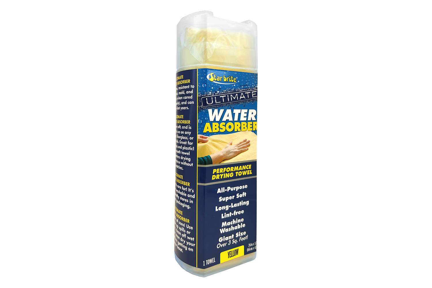 <p><b>Star brite Ultimate Water Absorber - 40046</b></p>
<p>Ultimate drying power for all surfaces, Ultimate Water Absorber is unaffected by salt water and most chemicals. Lint-free and super soft, trust Ultimate Water Absorber to get the job done. The super-drying PVA material is lint-free, resistant to chemicals, mold, and mildew (when cared for properly), and can easily last years. Ultimate Water Absorber is super soft, and is safe to use on any gelcoat, fiberglass, or auto finish. Great for eisenglass and plastic! The smooth towel guarantees drying performance without scratches, and itâs easy to care for! Itâs machine washable and conveniently stores in its own packaging. Ultimate Water Absorber has 100s of uses! Use to soak up spills or splashes, clean off wet shoes, or even dry your dog before getting on your boat. Coming soon to retailers nationwide and online. </p>
<p><a href=