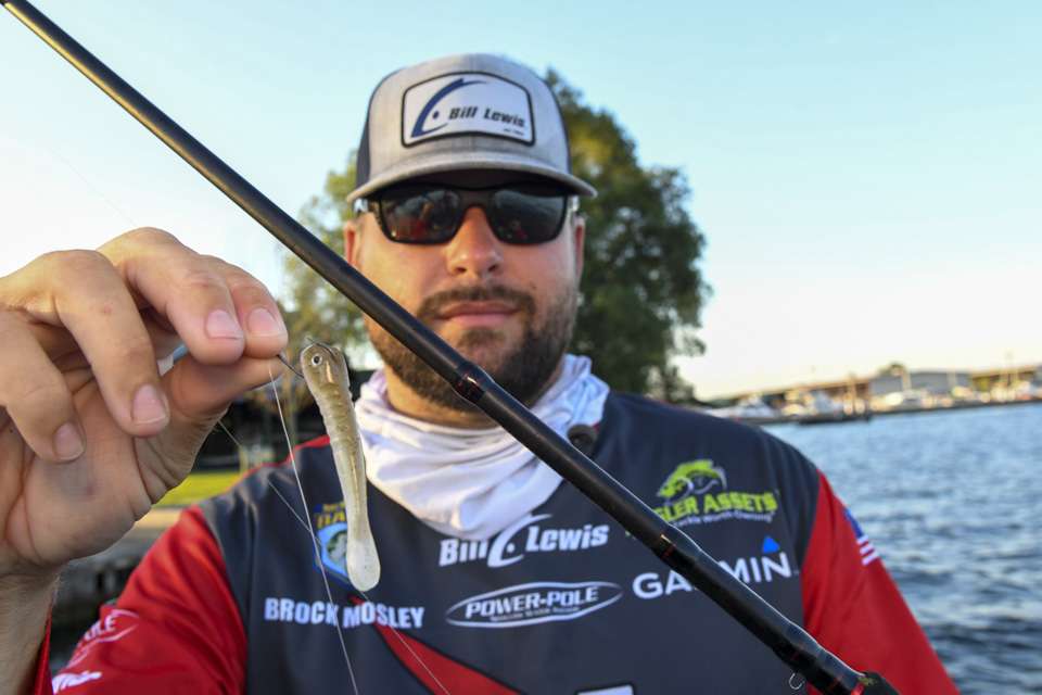 For smallmouth he used a NetBait STH Finesse Series The Drifter Worm, rigged on 2/0 drop shot hook, with 3/8-ounce Woo! Tungsten Drop Shot Weight.