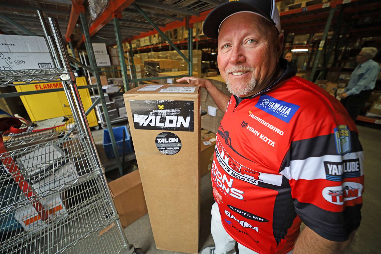 The Minn Kota and Humminbird compatibility is essential to the company's One-Boat Network, which allows for communication between the Minn Kota Ultrex to the graphs and all the way to the back of the boat with the Talons. Here Herren found a Minn Kota Talon in the warehouse. 
