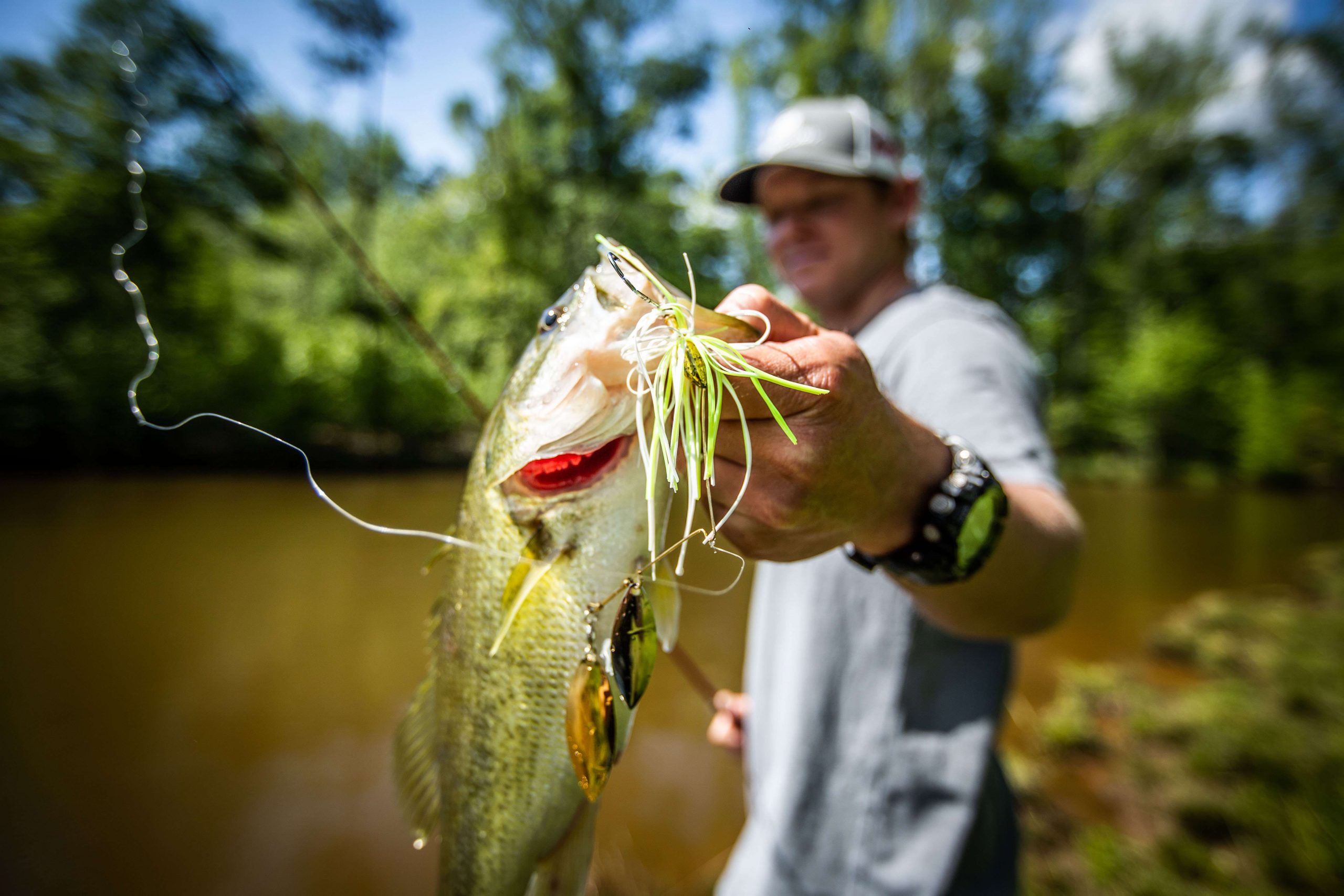 One of his favorite baits is a War Eagle spinnerbait. 
