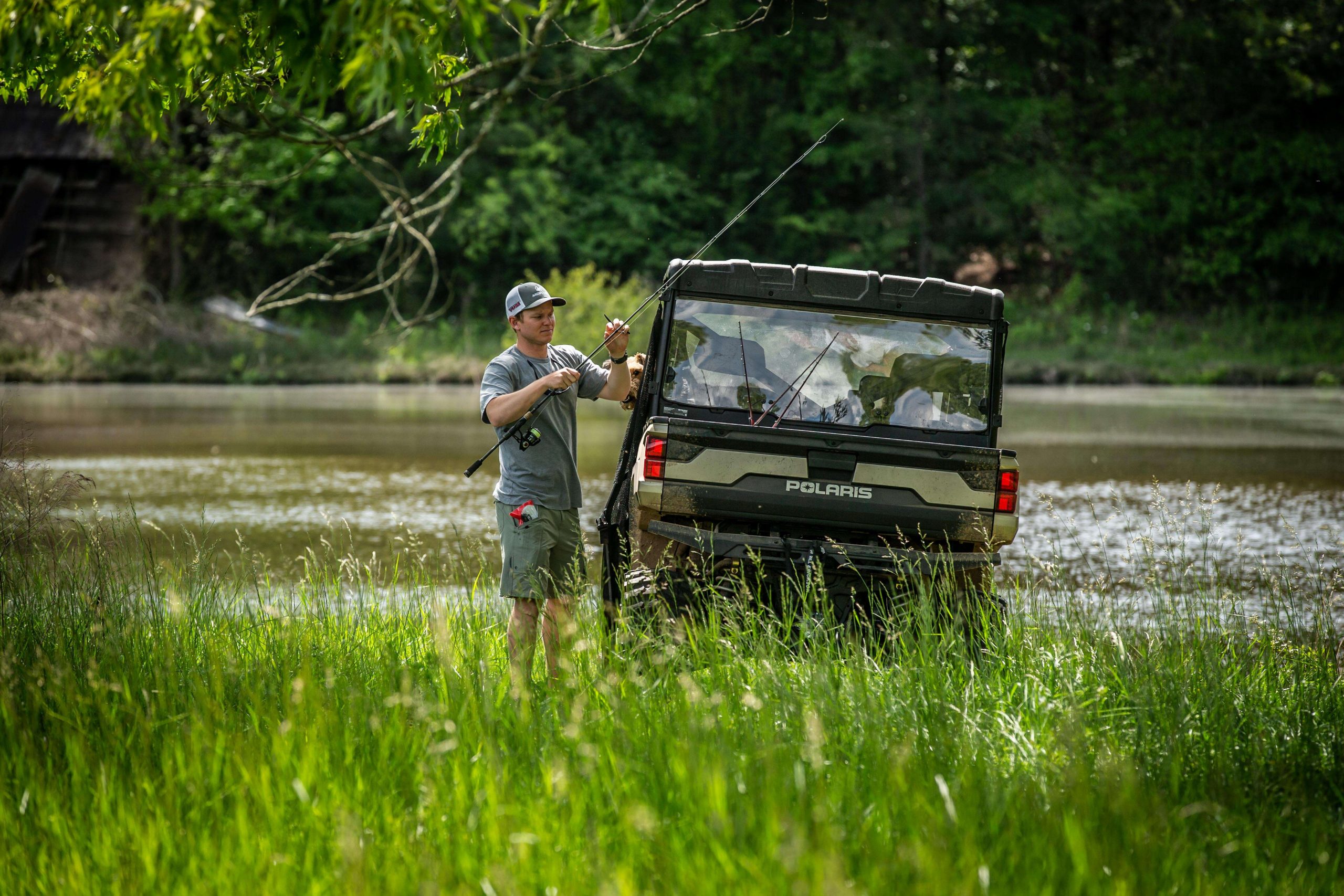With his wife and young son loaded up in the Polaris UTV, they can access many different spots on each pond. 
