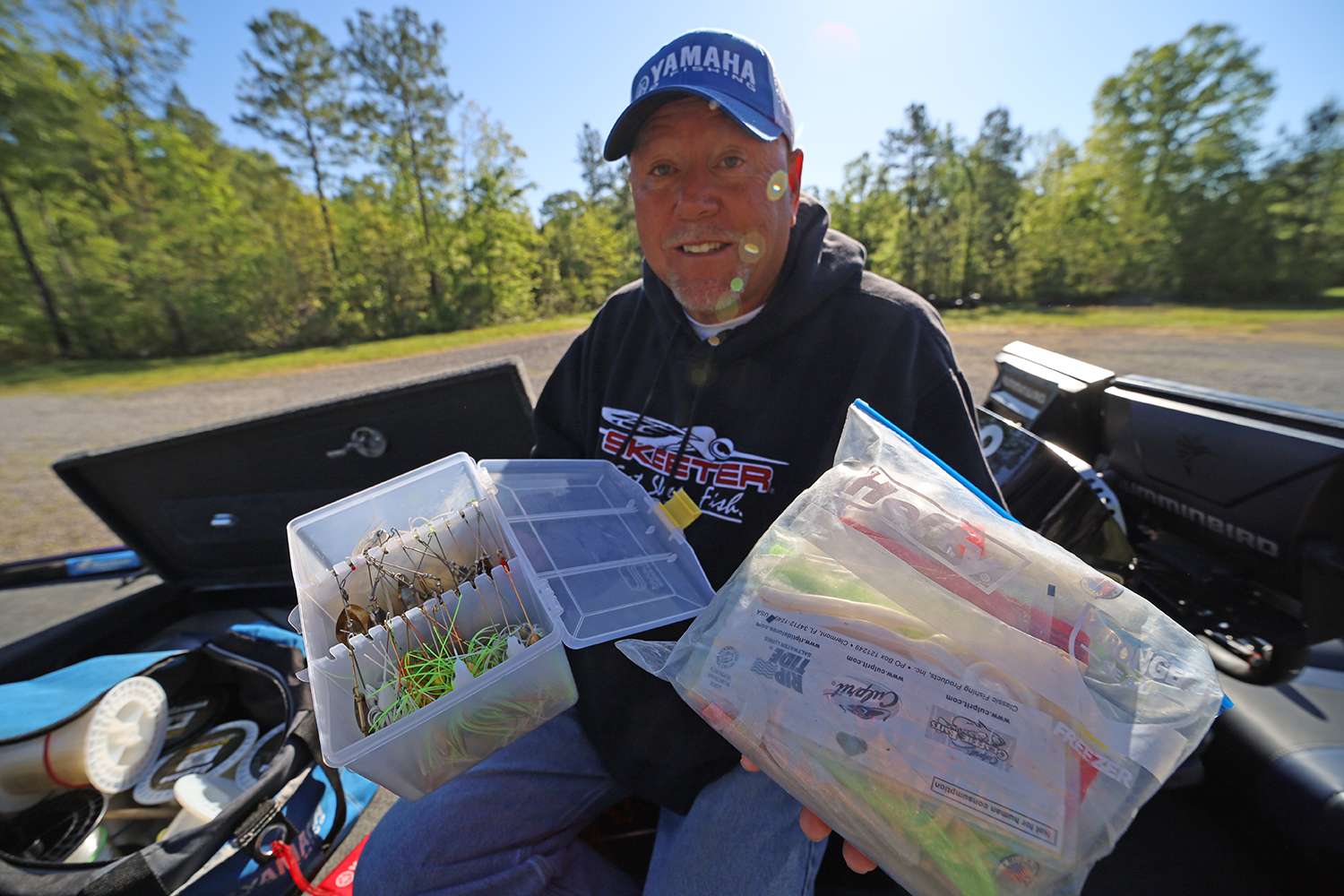 He's also a mad scientist when it comes to building jigs and spinnerbaits while on the water. 