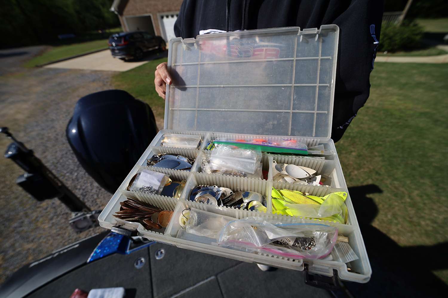 He also keeps a box of blade options for spinnerbaits. 