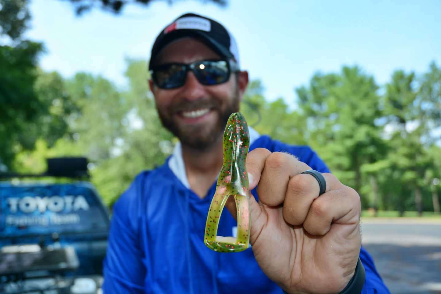 <B>Lure details: </b>Topwater buzz-style toad with Mustad UltraPoint Grip-Pin Wide Gap Soft Plastic Hook. âItâs an alternative to the frog. The gurgling sound it makes attracts bass in low light.â 