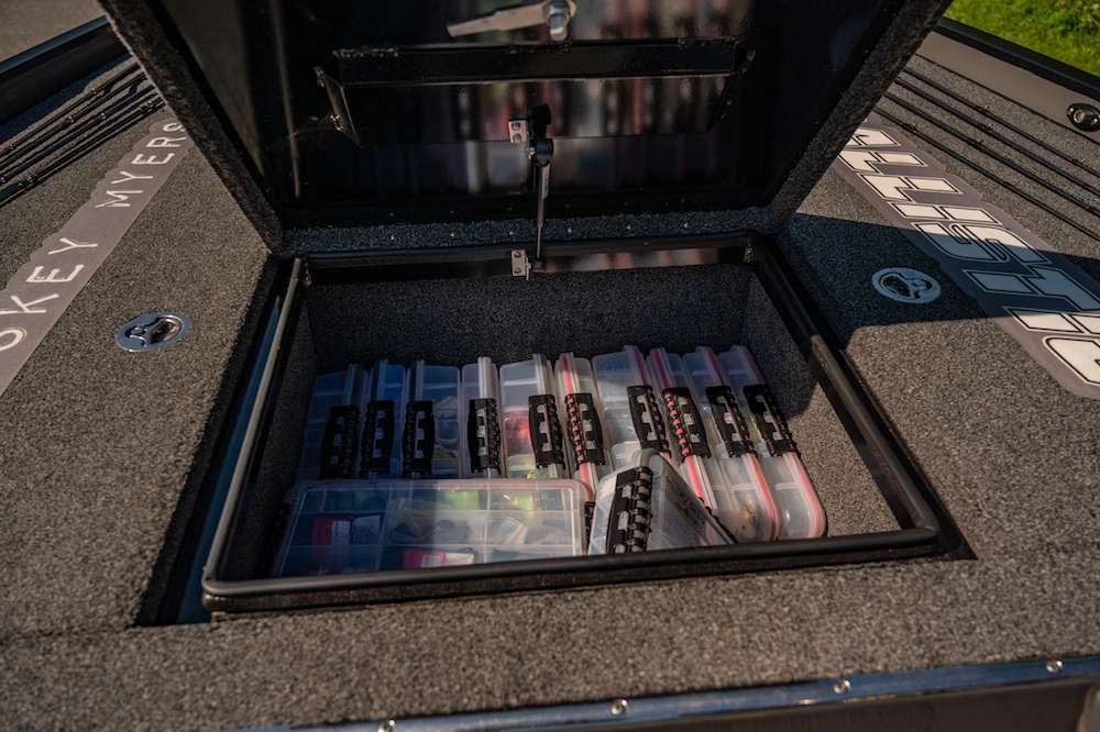 One of the giant center compartments is used for boxes of lures that are labeled for quick access. 
