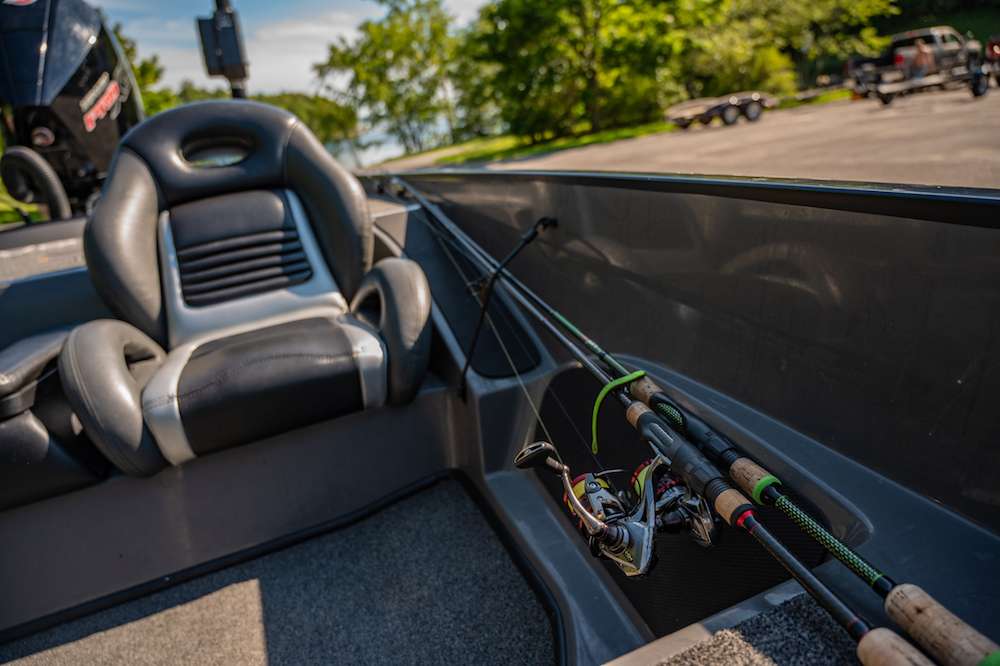 The passenger side seating area has a big space for extra rods. In this case, he has a couple of spinning rod combos ready for action. Having the ability to keep more rods readily available, but also out of the way, saves a lot of time on the water. 