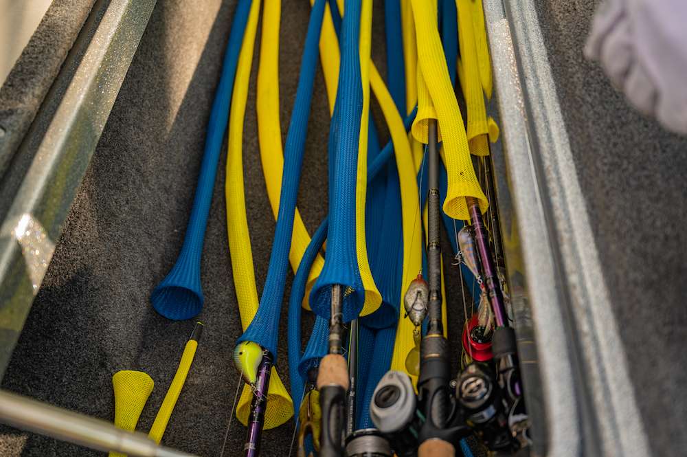 DeMarion uses Rod Glove rod sleeves to keep his Abu Garcia setups protected at all times. He can quickly take rods out and put them back in as needed. Blue and yellow are his colors.