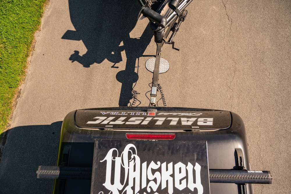 Looking down on the back of the truck, the Ballistic Boats Logo and Michelob Ultra. Livesay also works with Anheuser-Busch. The Whiskey Myers custom box provides additional space up above.