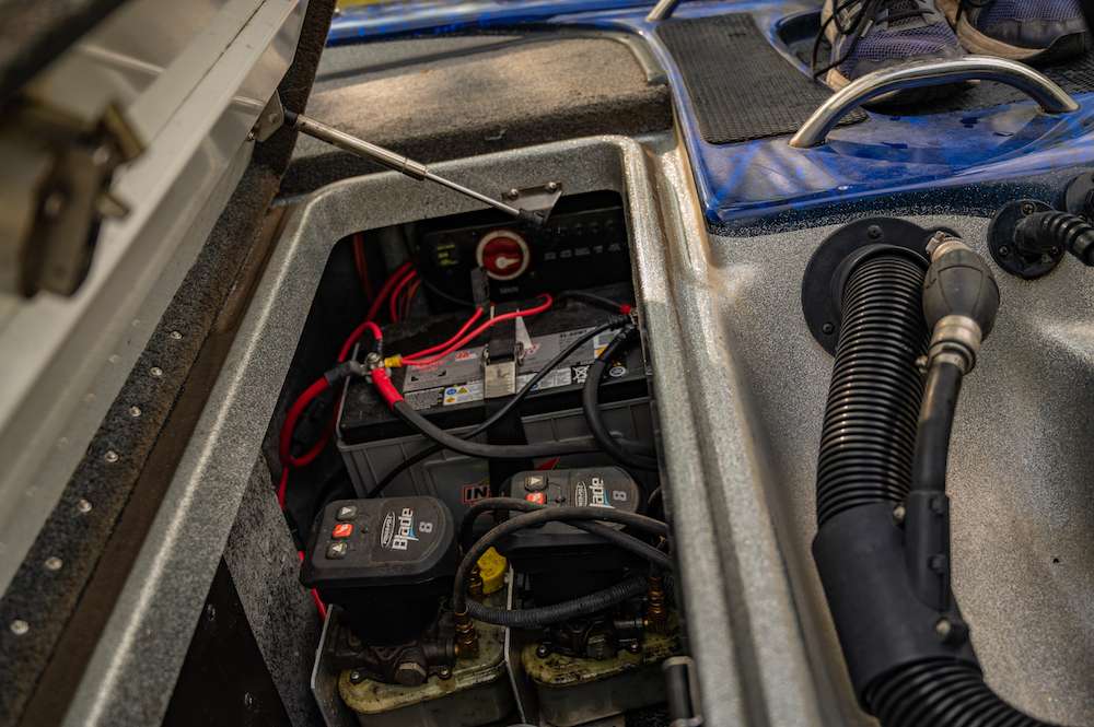 At the back of the boat is where the juice to run the operation is located. On the starboard (right side) of his boat is the cranking battery, Power-Pole pumps and on-board charger.