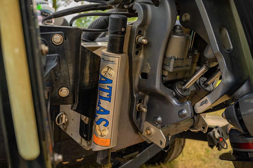 A T-H Marine Atlas Hydraulic Jack Plate holds the big Yamaha motor and gives DeMarion control of engine depth in the water. Raising and lowering the engine dictates speed and control, which is handy in rough water on the Great Lakes.