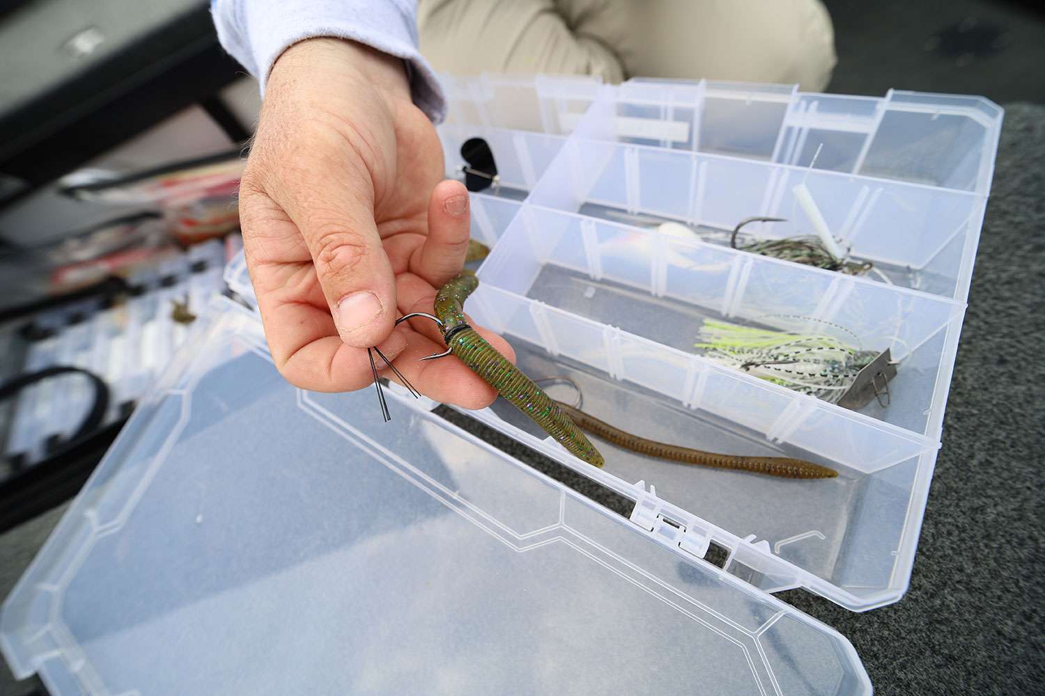 He loves this bait because it can be fished under many different conditions. The bass just can't leave it alone. It gets a comfortable spot in his tacklebox. 