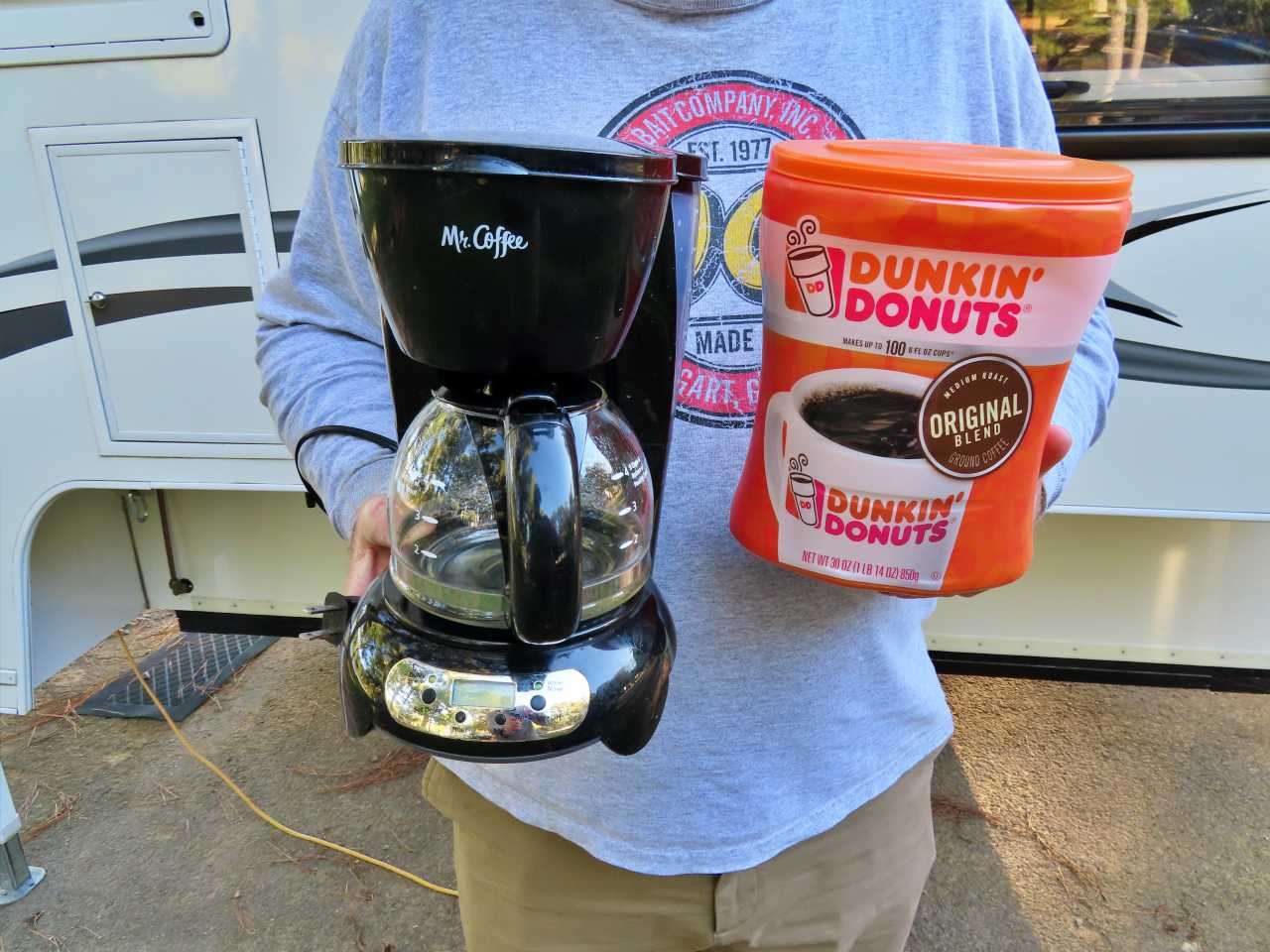 <b>1. Mister Coffee Simple Brew 4-Cup Switch Coffee Maker; Dunkin Donuts Original Blend Coffee.</b> âItâs my favorite coffee and the brewer makes just four cups, and I drink them all to get going in the morning.â 

