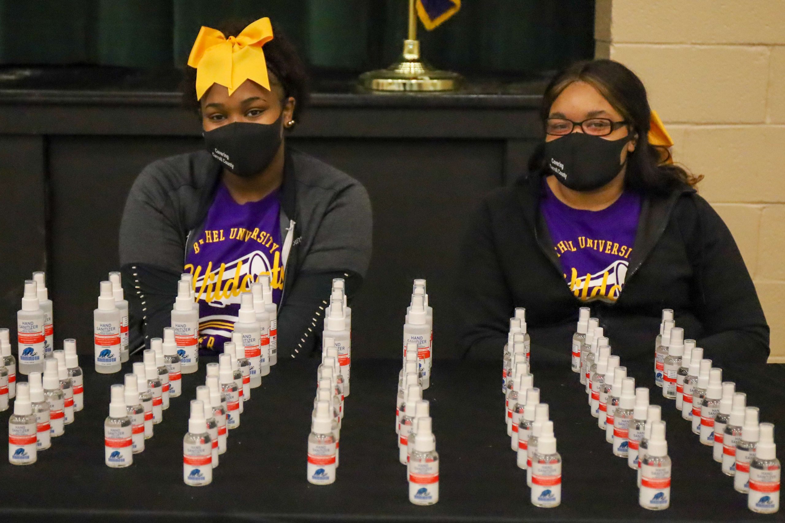 The Bethel University Cheer Team was on hand to help pass out Mammoth hand sanitizer. 