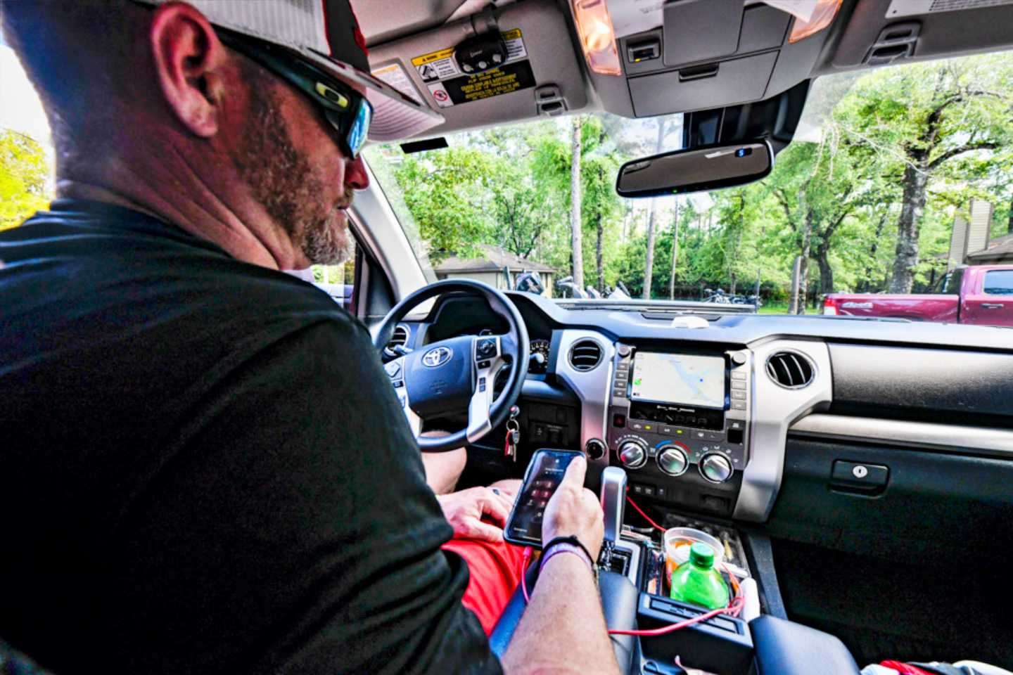 Cherry likes the Apple CarPlay feature of his Toyota Tundra (and itâs Android equivalent). âI donât listen much to music, but I use it all the time for my GPS map app.â All the time literally means what he said. Cherry puts about 60,000 miles on his Tundra over 10 months of traveling between home and the Bassmaster Elite Series. âWe go to so many places that itâs a must for me.â 
