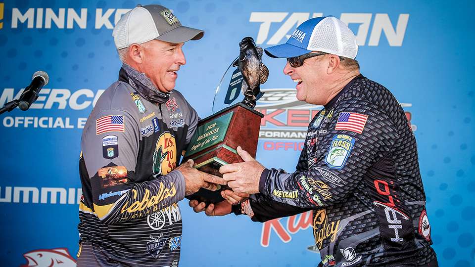 Scott Canterbury hands off the trophy, and it's official- Clark Wendlandt is the 2020 Bassmaster Angler of the Year. 