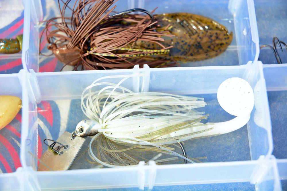 Going into the box is a 3/8-ounce bladed jig with a 3.5-inch X Zone Lures Mini Swammer. âThe rig is all white to match it up to a shad.â 
