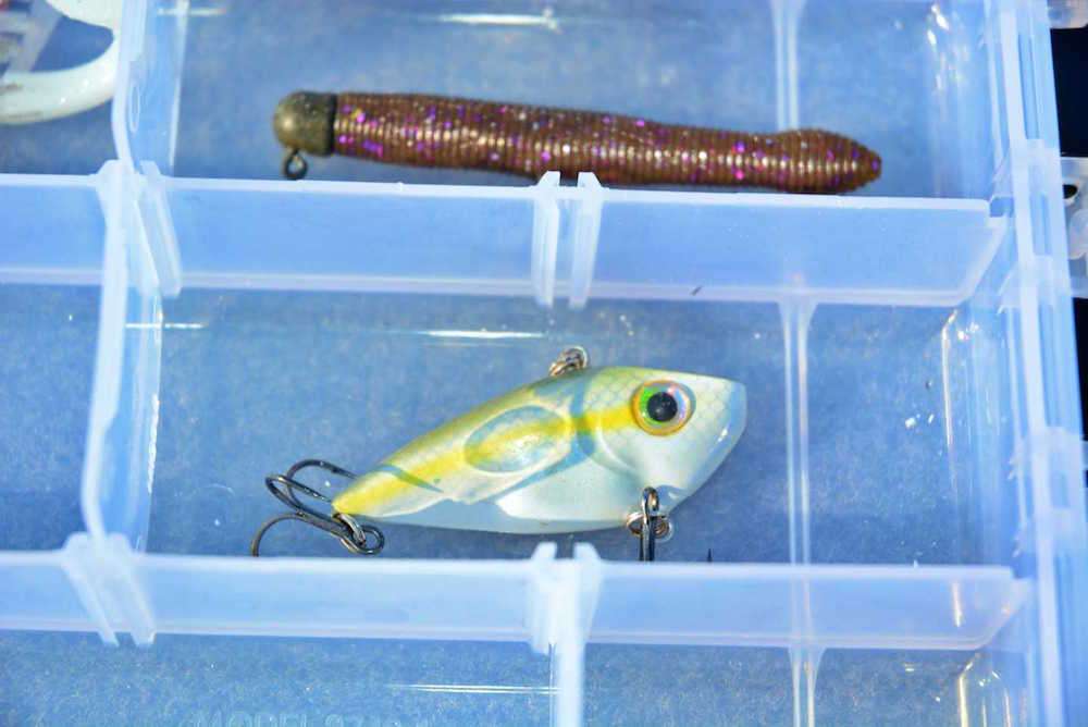 Into the box goes a 1/4-ounce Strike King Red Eye Shad, which he changes the hooks to No. 3 Mustad Round Bend Trebles. âWith this size you can fish it slowly, so you donât have to retrieve it as fast to keep it off the bottom.â 
