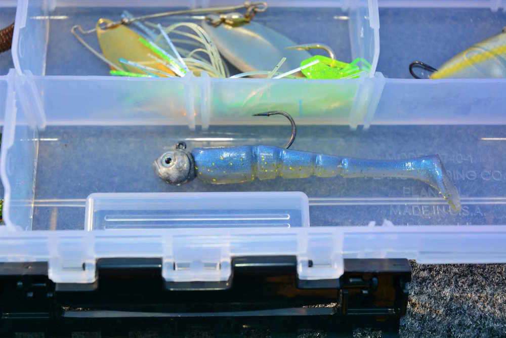 Lester adds a 3.5-inch X Zone Lures Mini Swammer, rigged on 1/4-ounce jighead with Mustad 1/0 hook. âIt has a lazy action and looks like an unsuspecting minnow that makes it an easy ambush target for a bass.â 
